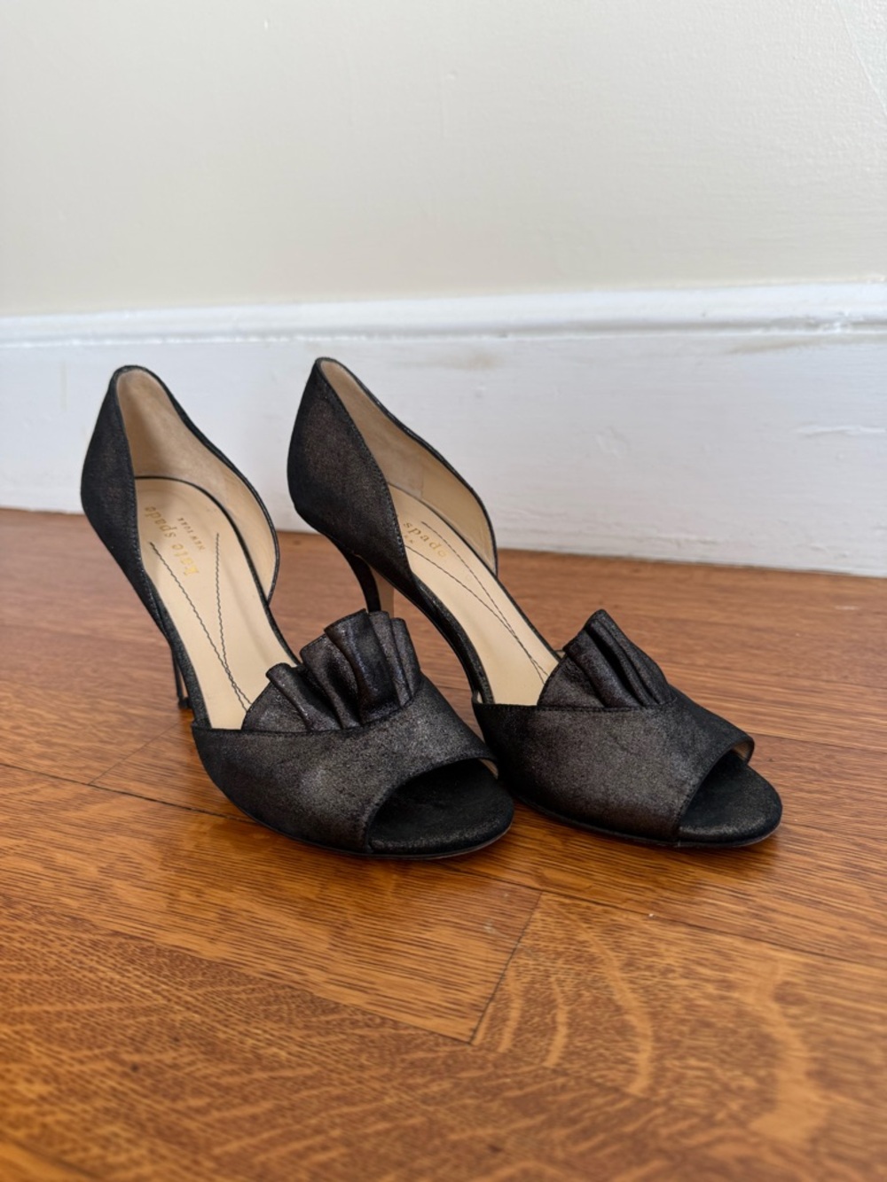 kate spade Black Peep-Toe Heels with Rosette Detail